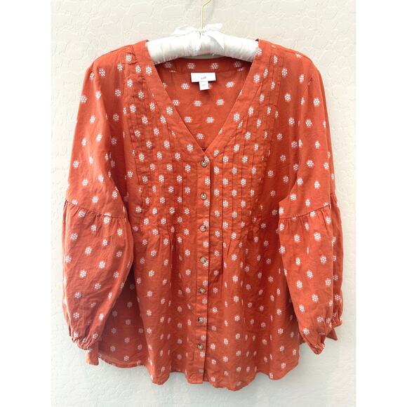 J.JILL | Orange Floral Pintuck Blouse 3/4 Sleeve Peasant Boho | Size Large - Picture 1 of 8